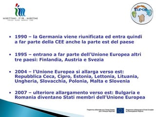 • 1990 – la Germania viene riunificata ed entra quindi
  a far parte della CEE anche la parte est del paese

• 1995 – entrano a far parte dell’Unione Europea altri
  tre paesi: Finlandia, Austria e Svezia

• 2004 – l’Unione Europea si allarga verso est:
  Repubblica Ceca, Cipro, Estonia, Lettonia, Lituania,
  Ungheria, Slovacchia, Polonia, Malta e Slovenia

• 2007 – ulteriore allargamento verso est: Bulgaria e
  Romania diventano Stati membri dell’Unione Europea
 