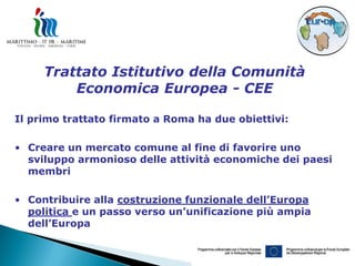Trattato Istitutivo della Comunità
         Economica Europea - CEE

Il primo trattato firmato a Roma ha due obiettivi:

• Creare un mercato comune al fine di favorire uno
  sviluppo armonioso delle attività economiche dei paesi
  membri

• Contribuire alla costruzione funzionale dell’Europa
  politica e un passo verso un’unificazione più ampia
  dell’Europa
 