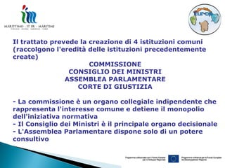 Il trattato prevede la creazione di 4 istituzioni comuni
(raccolgono l'eredità delle istituzioni precedentemente
create)
                       COMMISSIONE
                 CONSIGLIO DEI MINISTRI
                ASSEMBLEA PARLAMENTARE
                   CORTE DI GIUSTIZIA

- La commissione è un organo collegiale indipendente che
rappresenta l'interesse comune e detiene il monopolio
dell'iniziativa normativa
- Il Consiglio dei Ministri è il principale organo decisionale
- L'Assemblea Parlamentare dispone solo di un potere
consultivo
 