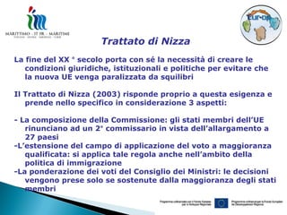 Trattato di Nizza
La fine del XX ° secolo porta con sé la necessità di creare le
   condizioni giuridiche, istituzionali e politiche per evitare che
   la nuova UE venga paralizzata da squilibri

Il Trattato di Nizza (2003) risponde proprio a questa esigenza e
   prende nello specifico in considerazione 3 aspetti:

- La composizione della Commissione: gli stati membri dell’UE
   rinunciano ad un 2° commissario in vista dell’allargamento a
   27 paesi
-L’estensione del campo di applicazione del voto a maggioranza
   qualificata: si applica tale regola anche nell’ambito della
   politica di immigrazione
-La ponderazione dei voti del Consiglio dei Ministri: le decisioni
   vengono prese solo se sostenute dalla maggioranza degli stati
   membri
 