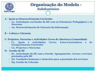 Organização do Modelo - SubdomíniosA - Apoio ao Desenvolvimento CurricularA1. Articulação curricular da BE com as Estruturas Pedagógicas e os Docentes