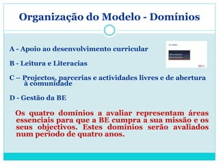Organização do Modelo - Domínios


A - Apoio ao desenvolvimento curricular

B - Leitura e Literacias

C – Projectos, parcerias e actividades livres e de abertura
    à comunidade

D - Gestão da BE

 Os quatro domínios a avaliar representam áreas
 essenciais para que a BE cumpra a sua missão e os
 seus objectivos. Estes domínios serão avaliados
 num período de quatro anos.
 