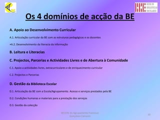 Os 4 domínios de acção da BEA. Apoio ao Desenvolvimento CurricularA.1. Articulação curricular da BE com as estruturas pedagógicas e os docentes•A.2. Desenvolvimento da literacia da informaçãoB. Leitura e LiteraciasC. Projectos, Parcerias e Actividades Livres e de Abertura à ComunidadeC.1. Apoio a actividades livres, extracurriculares e de enriquecimento curricularC.2. Projectos e ParceriasD. Gestão da Biblioteca EscolarD.1. Articulação da BE com a Escola/Agrupamento. Acesso e serviços prestados pela BED.2. Condições humanas e materiais para a prestação dos serviçosD.3. Gestão da colecçãoBE/CRE do Agrupamento Francisco Gonçalves Carneiro10