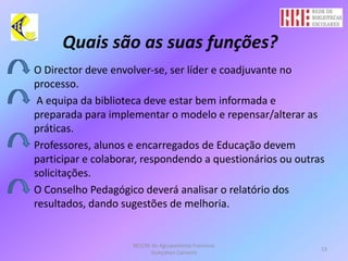 Quais são as suas funções?	O Director deve envolver‐se, ser líder e coadjuvante no processo.      A equipa da biblioteca deve estar bem informada e       preparada para implementar o modelo e repensar/alterar as práticas.	Professores, alunos e encarregados de Educação devem participar e colaborar, respondendo a questionários ou outras solicitações.	O Conselho Pedagógico deverá analisar o relatório dos resultados, dando sugestões de melhoria.BE/CRE do Agrupamento Francisco Gonçalves Carneiro13