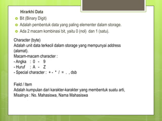 Hirarkhi Data
 Bit (Binary Digit)
 Adalah pembentuk data yang paling elementer dalam storage.
 Ada 2 macam kombinasi bit, yaitu 0 (nol) dan 1 (satu).
Character (byte)
Adalah unit data terkecil dalam storage yang mempunyai address
(alamat).
Macam-macam character :
- Angka : 0 - 9
- Huruf : A - Z
- Special character : + - * / = . , dsb
Field / Item
Adalah kumpulan dari karakter-karakter yang membentuk suatu arti,
Misalnya : No. Mahasiswa, Nama Mahasiswa
 