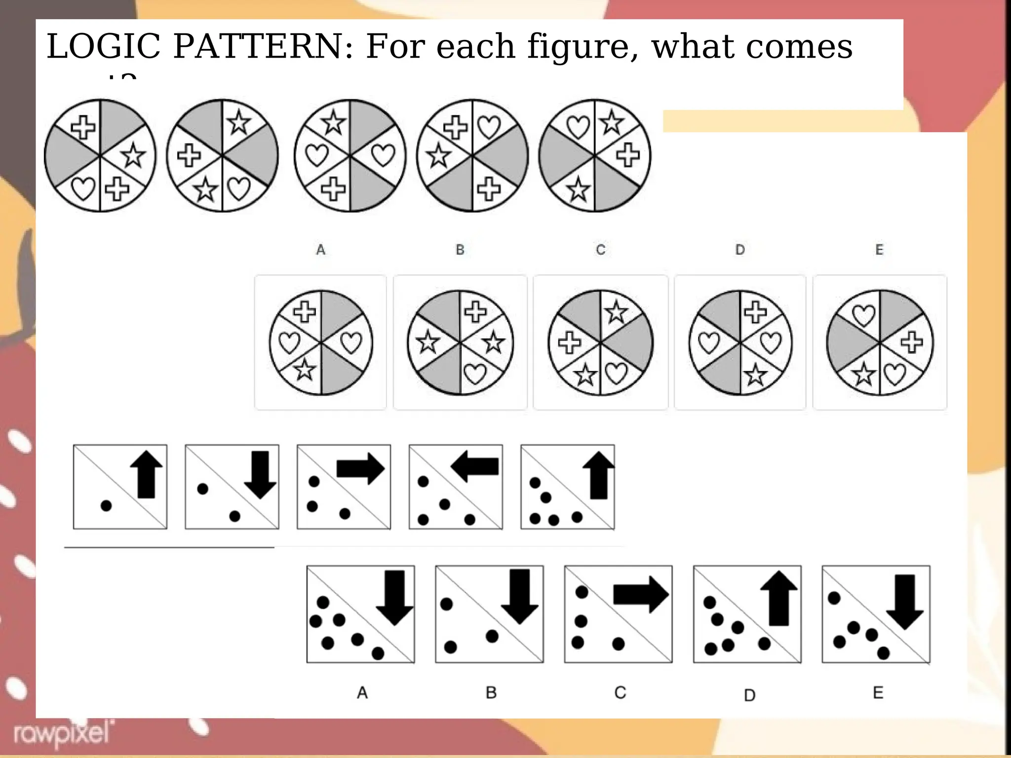 LOGIC PATTERN: For each figure, what comes
next?
 