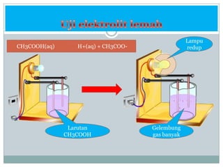 Uji elektrolit lemahLampu redup CH3COOH(aq)                 H+(aq) + CH3COO-Gelembung gas banyakLarutan CH3COOH
