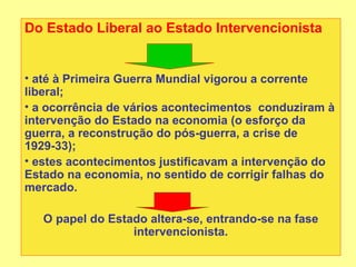 Do Estado Liberal ao Estado Intervencionista


• até à Primeira Guerra Mundial vigorou a corrente
liberal;
• a ocorrência de vários acontecimentos conduziram à
intervenção do Estado na economia (o esforço da
guerra, a reconstrução do pós-guerra, a crise de
1929-33);
• estes acontecimentos justificavam a intervenção do
Estado na economia, no sentido de corrigir falhas do
mercado.

   O papel do Estado altera-se, entrando-se na fase
                  intervencionista.
 