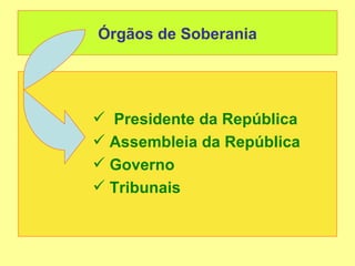 Órgãos de Soberania




 Presidente da República
 Assembleia da República
 Governo
 Tribunais
 