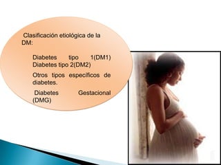  Clasificación etiológica de la DM: Diabetes tipo 1(DM1)  Diabetes tipo 2(DM2) Otros tipos específicos de diabetes.  Diabetes Gestacional (DMG) 