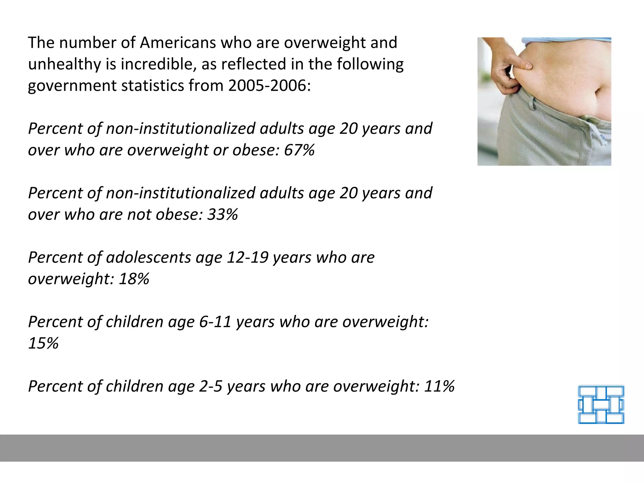 The number of Americans who are overweight and unhealthy is incredible, as reflected in the following government statistics from 2005-2006: Percent of non-institutionalized adults age 20 years and over who are overweight or obese: 67%  Percent of non-institutionalized adults age 20 years and over who are not obese: 33% Percent of adolescents age 12-19 years who are overweight: 18%  Percent of children age 6-11 years who are overweight: 15%  Percent of children age 2-5 years who are overweight: 11% 