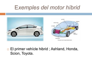 Exemples del motor híbrid




   El primer vehícle hibrid ; Ashland, Honda,
    Scion, Toyota.
 