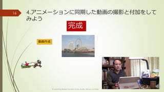 4.アニメーションに同期した動画の撮影と付加をして 
みよう 
© Learning Based Society study studio, Minoru Uchida 
16 
動画作成 
完成 
 