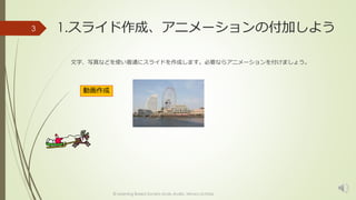 1.スライド作成、アニメーションの付加しよう 
文字、写真などを使い普通にスライドを作成します。必要ならアニメーションを付けましょう。 
© Learning Based Society study studio, Minoru Uchida 
3 
動画作成 
 