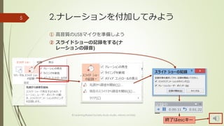 2.ナレーションを付加してみよう 
① 高音質のUSBマイクを準備しよう 
② スライドショーの記録をする(ナ 
レーションの録音) 
© Learning Based Society study studio, Minoru Uchida 
5 
終了はescキー 
 