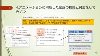 4.アニメーションに同期した動画の撮影と付加をして 
みよう 
① 通常の講義のようにクリックしながら説明します。 
8 
但し、講義を始める前にスライドショーの記録を開始し、撮影終了時にスライド 
ショーの記録を終了します。(マイクは無くても良い) 
© Learning Based Society study studio, Minoru Uchida 
終了はescキー 
 