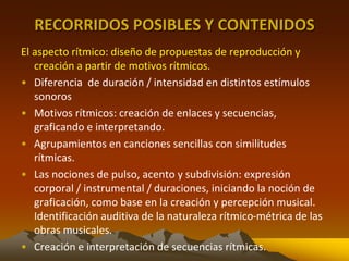 RECORRIDOS POSIBLES Y CONTENIDOS
El aspecto rítmico: diseño de propuestas de reproducción y
creación a partir de motivos rítmicos.
• Diferencia de duración / intensidad en distintos estímulos
sonoros
• Motivos rítmicos: creación de enlaces y secuencias,
graficando e interpretando.
• Agrupamientos en canciones sencillas con similitudes
rítmicas.
• Las nociones de pulso, acento y subdivisión: expresión
corporal / instrumental / duraciones, iniciando la noción de
graficación, como base en la creación y percepción musical.
Identificación auditiva de la naturaleza rítmico-métrica de las
obras musicales.
• Creación e interpretación de secuencias rítmicas.
 