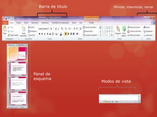 Barra de titulo Minizar, maximizar, cerrar
Panel de
esquema
Modos de vista
 