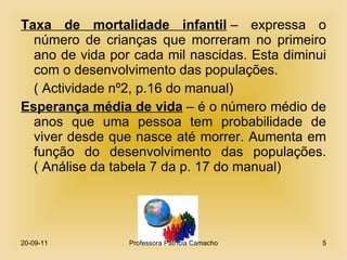 Taxa de mortalidade infantil  – expressa o número de crianças que morreram no primeiro ano de vida por cada mil nascidas. Esta diminui com o desenvolvimento das populações.  ( Actividade nº2, p.16 do manual)  Esperança média de vida  – é o número médio de anos que uma pessoa tem probabilidade de viver desde que nasce até morrer. Aumenta em função do desenvolvimento das populações.( Análise da tabela 7 da p. 17 do manual) 20-09-11 Professora Patrícia Camacho 