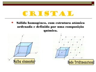 Cristal 
Sólido homogéneo, com estrutura atómica 
ordenada e definida por uma composição 
química. 
Malha elementar Rede Tridimensional 
 