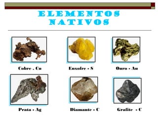 Elementos 
nativos 
Cobre . Cu Enxofre - S Ouro - Au 
Prata - Ag Diamante - C Grafite - C 
 
