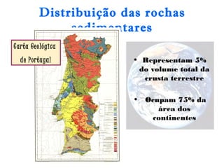 Distribuição das rochas 
sedimentares 
• Representam 5% 
do volume total da 
crusta terrestre 
• Ocupam 75% da 
área dos 
continentes 
Carta Geológica 
de Portugal 
 