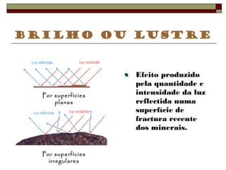 Brilho ou Lustre 
Efeito produzido 
pela quantidade e 
intensidade da luz 
reflectida numa 
superfície de 
fractura recente 
dos minerais. 
Por superfícies 
planas 
Por superfícies 
irregulares 
 