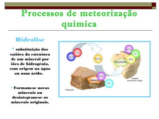 Processos de meteorização 
química 
Hidrólise 
• substituição dos 
catiões da estrutura 
de um mineral por 
iões de hidrogénio, 
com origem na água 
ou num ácido. 
• Formam-se novos 
minerais ou 
desintegram-se os 
minerais originais. 
 