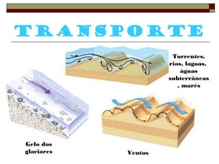 Transporte 
Gelo dos 
glaciares Ventos 
Torrentes, 
rios, lagoas, 
águas 
subterrâneas 
, marés 
 