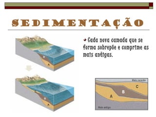 Sedimentação 
Cada nova camada que se 
forma sobrepõe e comprime as 
mais antigas. 
 