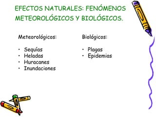 EFECTOS NATURALES: FENÓMENOS
METEOROLÓGICOS Y BIOLÓGICOS.


Meteorológicos:    Biológicos:

•   Sequías        • Plagas
•   Heladas        • Epidemias
•   Huracanes
•   Inundaciones
 