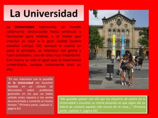 La  Universidad La Universidad  representa un mundo totalmente desconocido hasta entonces y fascinante para Andrea, y el m...