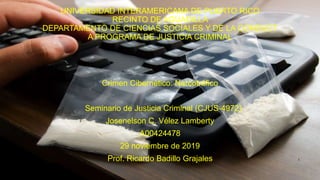 UNIVERSIDAD INTERAMERICANA DE PUERTO RICO
RECINTO DE AGUADILLA
DEPARTAMENTO DE CIENCIAS SOCIALES Y DE LA CONDUCT
A PROGRAMA DE JUSTICIA CRIMINAL
Crimen Cibernético: Narcotráfico
Seminario de Justicia Criminal (CJUS‐4972)
Josenelson C. Vélez Lamberty
A00424478
29 noviembre de 2019
Prof. Ricardo Badillo Grajales 1
 