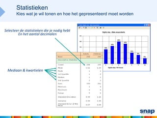 Statistieken
       Kies wat je wil tonen en hoe het gepresenteerd moet worden


Selecteer de statistieken die je nodig hebt
        En het aantal decimalen




 Mediaan & kwartielen
 