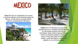 Tulum No sólo es considerado por muchos
una de las mejores y más hermosas playas de
México, en este sitio se conjuga historia,
cultura y la espectacular naturaleza.
Holbox Con 43 kilómetros de largo, esta
pequeña isla es un verdadero paraíso terrenal.
En ella podrás practicar todo tipo de
actividades: desde visitar la laguna Yalahua,
recorrer el pequeño poblado en bicicleta,
tomar un tour para nadar con el tiburón
ballena, visitar Isla Pájaros o solamente
relajarte en sus hermosas playas.
 