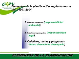 ELEMENTOS DE LA PLANIFICACION
• Elementos de la planificación según la norma
ISO 14001:2004
1. Aspectos ambientales (responsabilidad
ambiental)
2. Requisitos legales y otros (responsabilidad
legal)
3. Objetivos, metas y programas
(futuro deseado de desempeño)
 