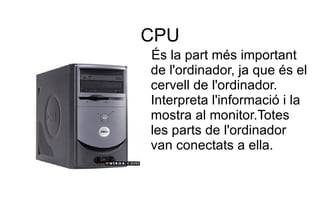 Monitor Element més visible de l'ordinador.També s'anomena pantalla. Mostra l'informació que envia la CPU. 
