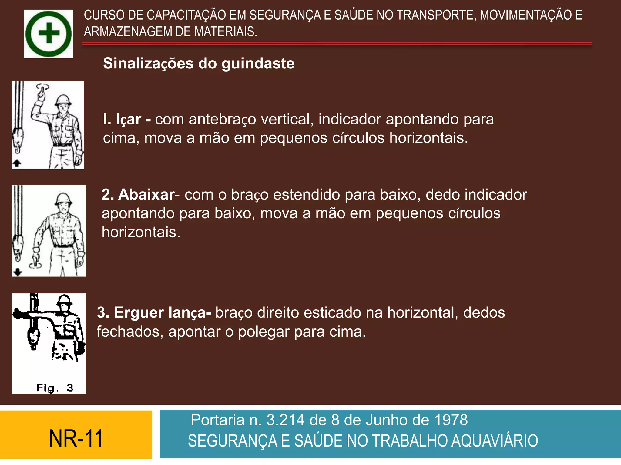 CURSO DE CAPACITAÇÃO EM SEGURANÇA E SAÚDE NO TRANSPORTE, MOVIMENTAÇÃO E
   ARMAZENAGEM DE MATERIAIS.

     Sinalizações do guindaste


     l. Içar - com antebraço vertical, indicador apontando para
     cima, mova a mão em pequenos círculos horizontais.


     2. Abaixar- com o braço estendido para baixo, dedo indicador
     apontando para baixo, mova a mão em pequenos círculos
     horizontais.




    3. Erguer lança- braço direito esticado na horizontal, dedos
    fechados, apontar o polegar para cima.




                  Portaria n. 3.214 de 8 de Junho de 1978
NR-11            SEGURANÇA E SAÚDE NO TRABALHO AQUAVIÁRIO
 