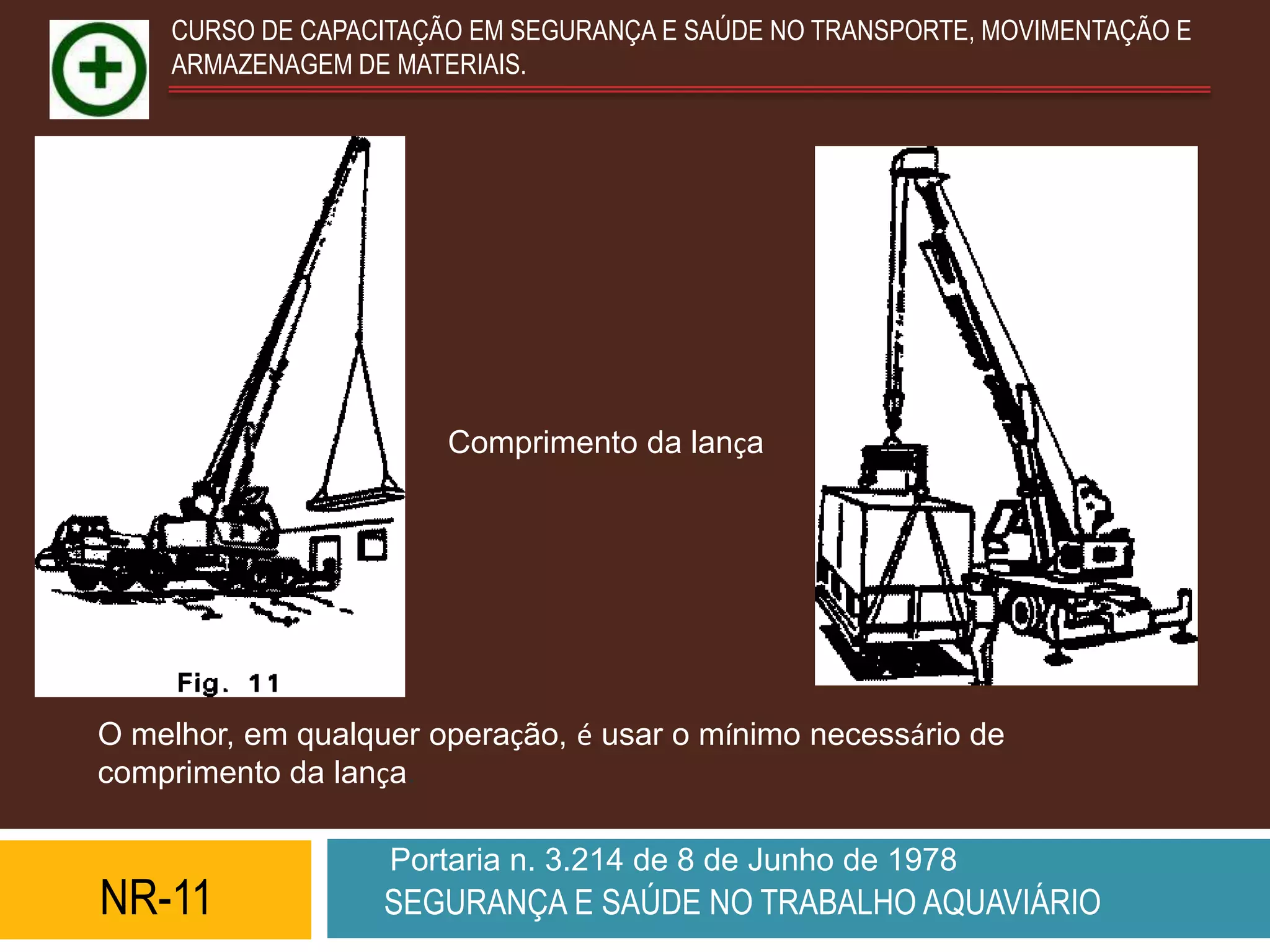 CURSO DE CAPACITAÇÃO EM SEGURANÇA E SAÚDE NO TRANSPORTE, MOVIMENTAÇÃO E
    ARMAZENAGEM DE MATERIAIS.




                       Comprimento da lança




O melhor, em qualquer operação, é usar o mínimo necessário de
comprimento da lança.

                   Portaria n. 3.214 de 8 de Junho de 1978
NR-11              SEGURANÇA E SAÚDE NO TRABALHO AQUAVIÁRIO
 
