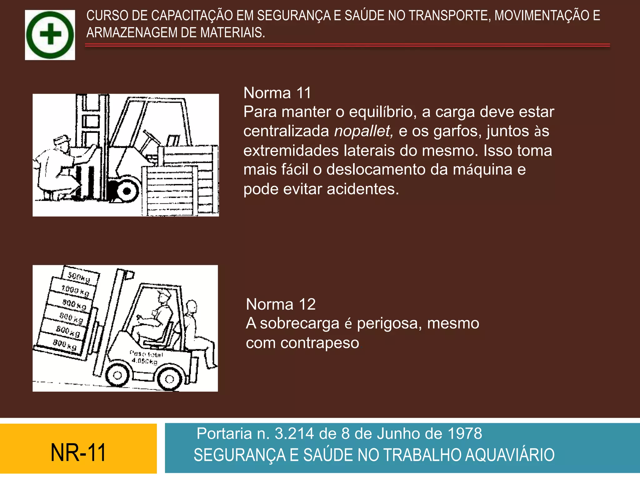 CURSO DE CAPACITAÇÃO EM SEGURANÇA E SAÚDE NO TRANSPORTE, MOVIMENTAÇÃO E
   ARMAZENAGEM DE MATERIAIS.



                        Norma 11
                        Para manter o equilíbrio, a carga deve estar
                        centralizada nopallet, e os garfos, juntos às
                        extremidades laterais do mesmo. Isso toma
                        mais fácil o deslocamento da máquina e
                        pode evitar acidentes.




                         Norma 12
                         A sobrecarga é perigosa, mesmo
                         com contrapeso.




                  Portaria n. 3.214 de 8 de Junho de 1978
NR-11            SEGURANÇA E SAÚDE NO TRABALHO AQUAVIÁRIO
 