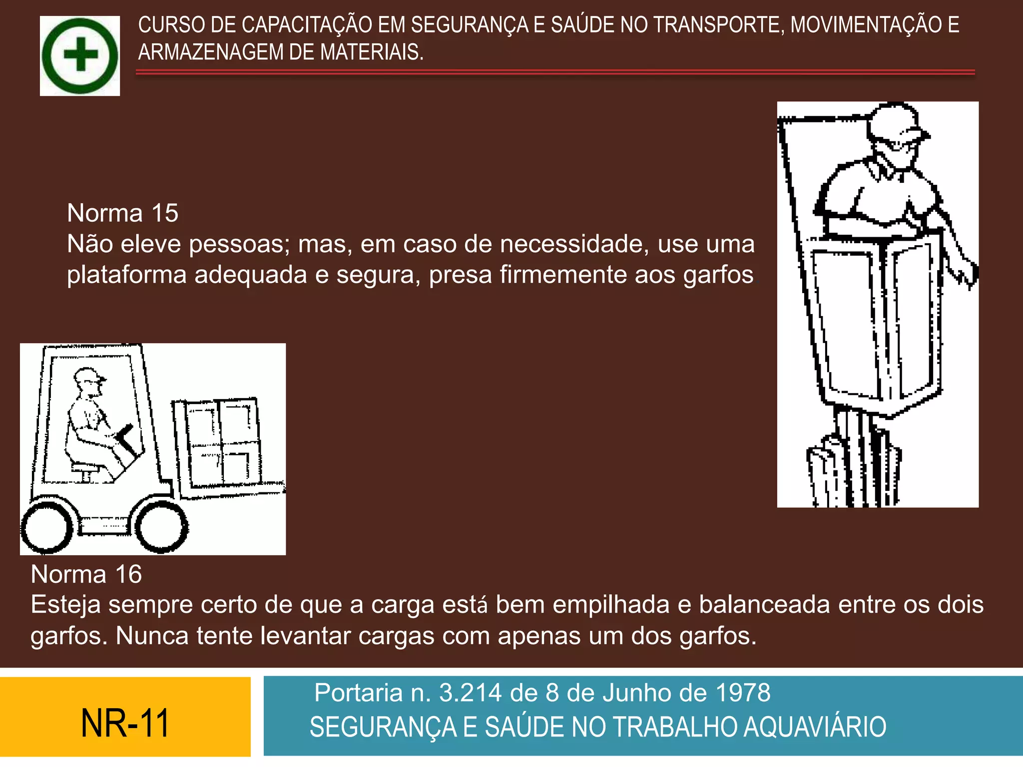 CURSO DE CAPACITAÇÃO EM SEGURANÇA E SAÚDE NO TRANSPORTE, MOVIMENTAÇÃO E
         ARMAZENAGEM DE MATERIAIS.




   Norma 15
   Não eleve pessoas; mas, em caso de necessidade, use uma
   plataforma adequada e segura, presa firmemente aos garfos.




Norma 16
Esteja sempre certo de que a carga está bem empilhada e balanceada entre os dois
garfos. Nunca tente levantar cargas com apenas um dos garfos.

                        Portaria n. 3.214 de 8 de Junho de 1978
    NR-11              SEGURANÇA E SAÚDE NO TRABALHO AQUAVIÁRIO
 