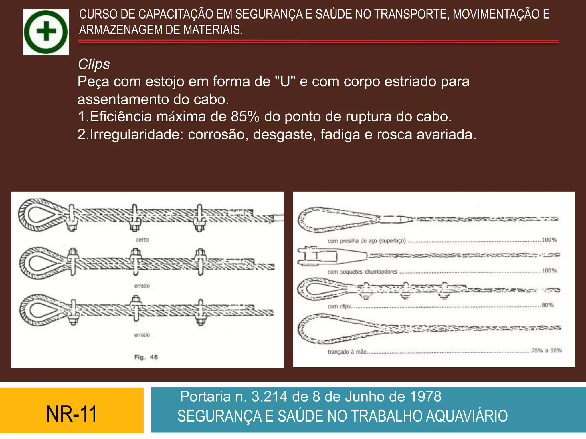 CURSO DE CAPACITAÇÃO EM SEGURANÇA E SAÚDE NO TRANSPORTE, MOVIMENTAÇÃO E
   ARMAZENAGEM DE MATERIAIS.

  Clips
  Peça com estojo em forma de "U" e com corpo estriado para
  assentamento do cabo.
  1.Eficiência máxima de 85% do ponto de ruptura do cabo.
  2.Irregularidade: corrosão, desgaste, fadiga e rosca avariada.




                  Portaria n. 3.214 de 8 de Junho de 1978
NR-11            SEGURANÇA E SAÚDE NO TRABALHO AQUAVIÁRIO
 