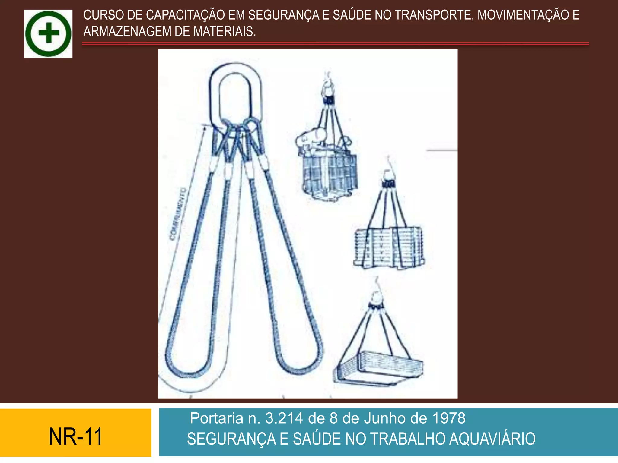 CURSO DE CAPACITAÇÃO EM SEGURANÇA E SAÚDE NO TRANSPORTE, MOVIMENTAÇÃO E
   ARMAZENAGEM DE MATERIAIS.




                  Portaria n. 3.214 de 8 de Junho de 1978
NR-11            SEGURANÇA E SAÚDE NO TRABALHO AQUAVIÁRIO
 