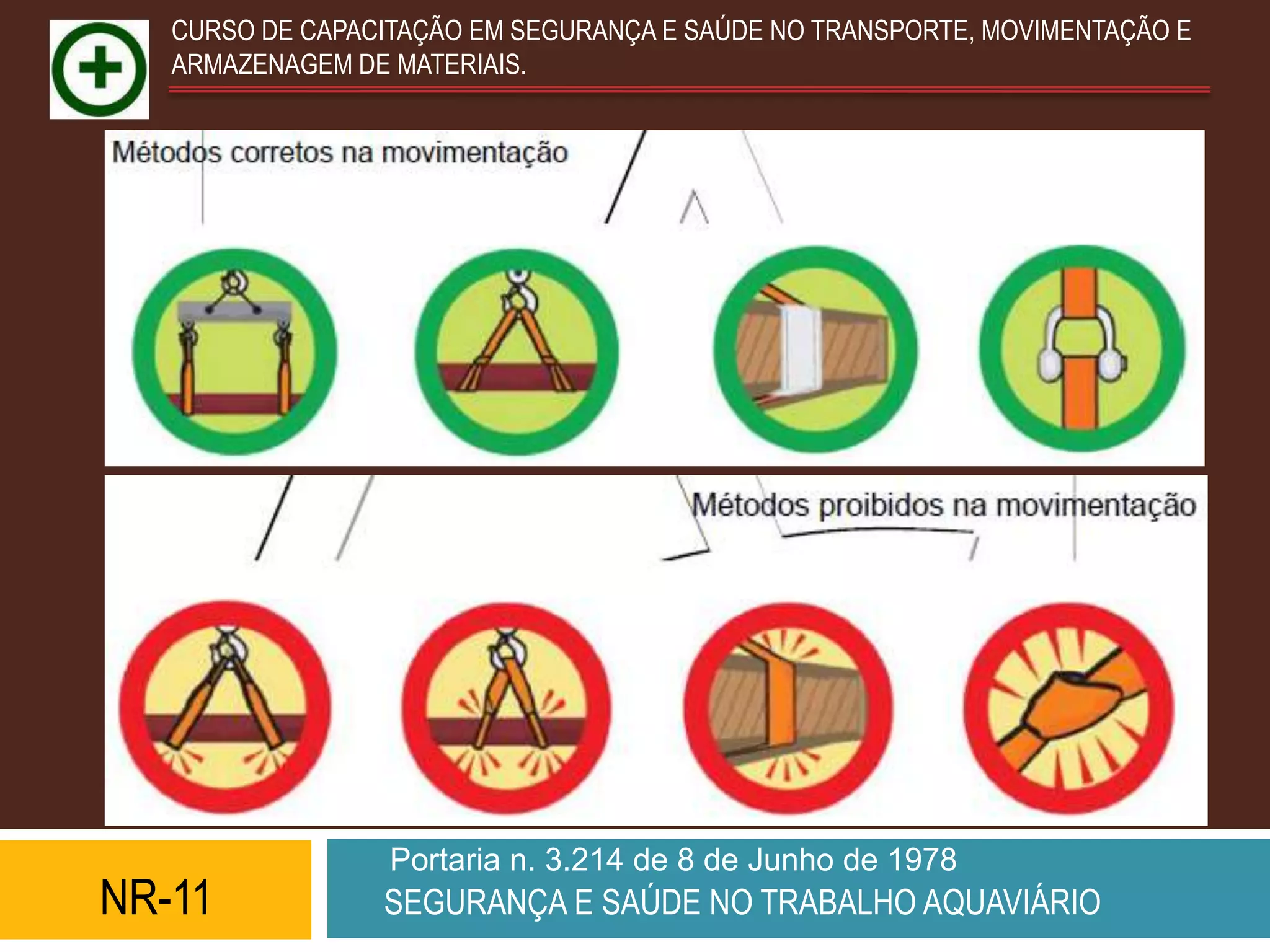 CURSO DE CAPACITAÇÃO EM SEGURANÇA E SAÚDE NO TRANSPORTE, MOVIMENTAÇÃO E
   ARMAZENAGEM DE MATERIAIS.




                  Portaria n. 3.214 de 8 de Junho de 1978
NR-11            SEGURANÇA E SAÚDE NO TRABALHO AQUAVIÁRIO
 