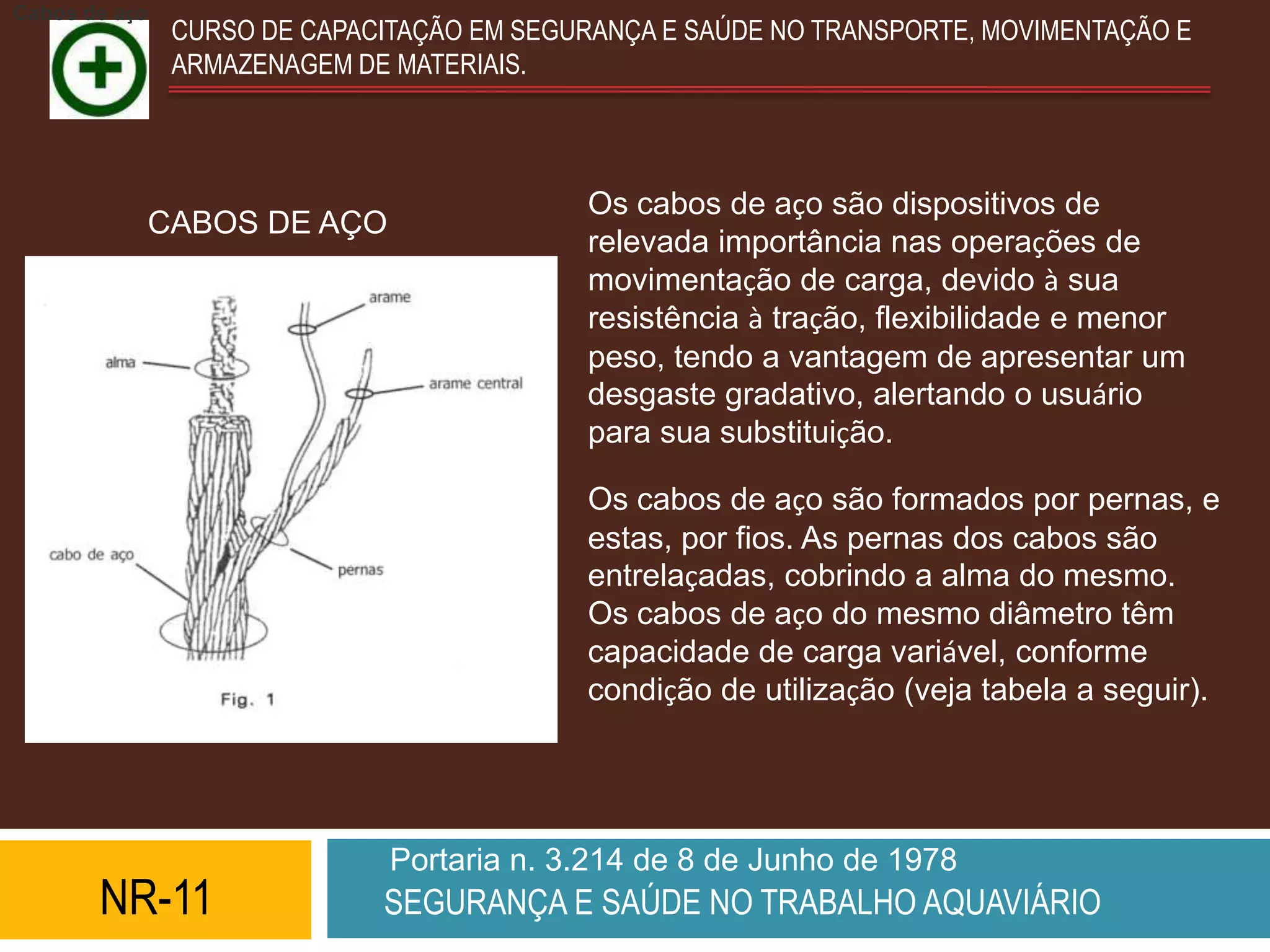 Cabos de aço
                CURSO DE CAPACITAÇÃO EM SEGURANÇA E SAÚDE NO TRANSPORTE, MOVIMENTAÇÃO E
                ARMAZENAGEM DE MATERIAIS.



                                            Os cabos de aço são dispositivos de
               CABOS DE AÇO
                                            relevada importância nas operações de
                                            movimentação de carga, devido à sua
                                            resistência à tração, flexibilidade e menor
                                            peso, tendo a vantagem de apresentar um
                                            desgaste gradativo, alertando o usuário
                                            para sua substituição.

                                            Os cabos de aço são formados por pernas, e
                                            estas, por fios. As pernas dos cabos são
                                            entrelaçadas, cobrindo a alma do mesmo.
                                            Os cabos de aço do mesmo diâmetro têm
                                            capacidade de carga variável, conforme
                                            condição de utilização (veja tabela a seguir).




                               Portaria n. 3.214 de 8 de Junho de 1978
       NR-11                  SEGURANÇA E SAÚDE NO TRABALHO AQUAVIÁRIO
 