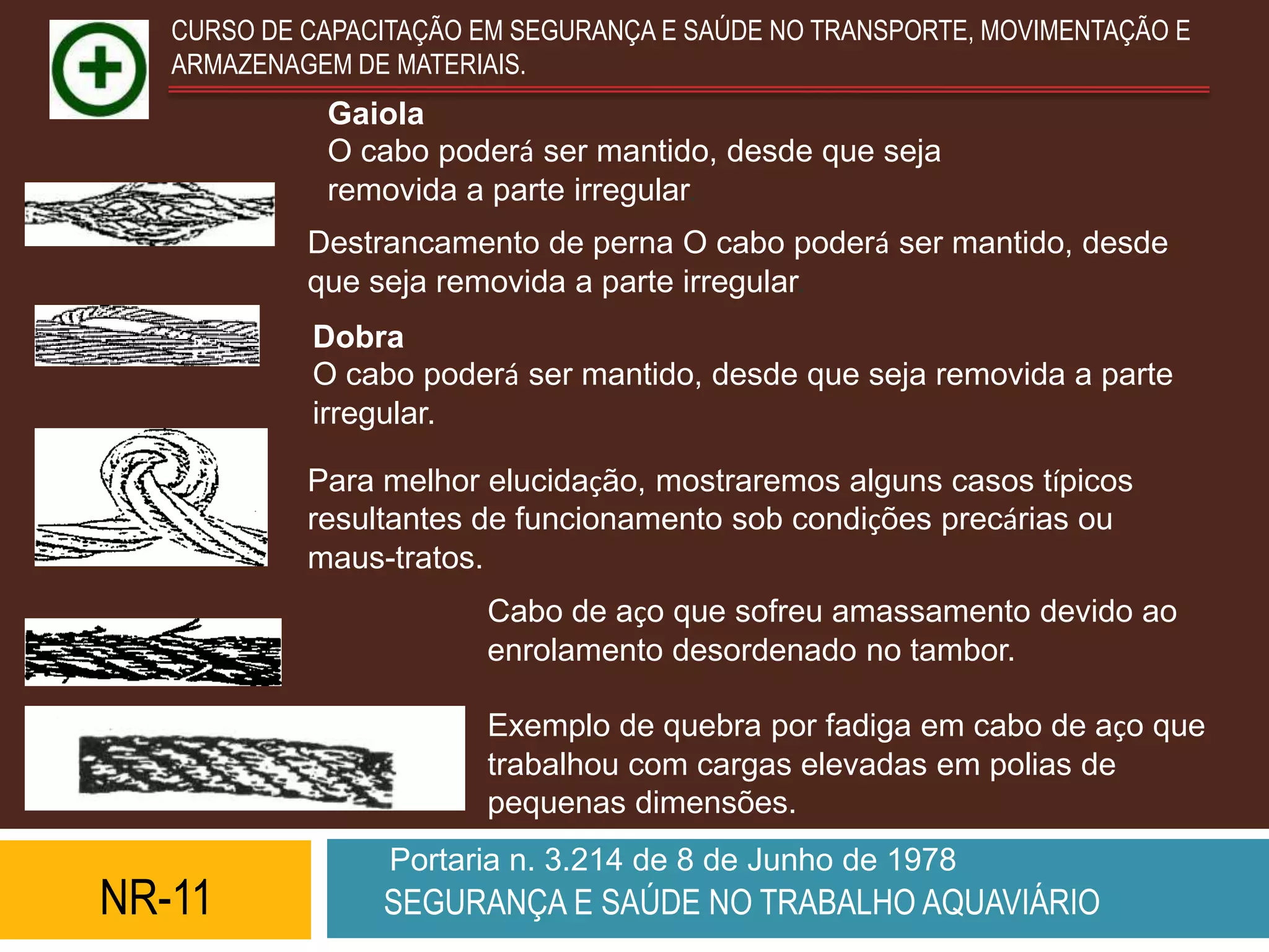 CURSO DE CAPACITAÇÃO EM SEGURANÇA E SAÚDE NO TRANSPORTE, MOVIMENTAÇÃO E
   ARMAZENAGEM DE MATERIAIS.
             Gaiola
             O cabo poderá ser mantido, desde que seja
             removida a parte irregular.
            Destrancamento de perna O cabo poderá ser mantido, desde
            que seja removida a parte irregular.
            Dobra
            O cabo poderá ser mantido, desde que seja removida a parte
            irregular.

            Para melhor elucidação, mostraremos alguns casos típicos
            resultantes de funcionamento sob condições precárias ou
            maus-tratos.
                         Cabo de aço que sofreu amassamento devido ao
                         enrolamento desordenado no tambor.

                         Exemplo de quebra por fadiga em cabo de aço que
                         trabalhou com cargas elevadas em polias de
                         pequenas dimensões.
                  Portaria n. 3.214 de 8 de Junho de 1978
NR-11            SEGURANÇA E SAÚDE NO TRABALHO AQUAVIÁRIO
 