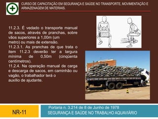 CURSO DE CAPACITAÇÃO EM SEGURANÇA E SAÚDE NO TRANSPORTE, MOVIMENTAÇÃO E
       ARMAZENAGEM DE MATERIAIS.




11.2.3. É vedado o transporte manual
de sacos, através de pranchas, sobre
vãos superiores a 1,00m (um
metro) ou mais de extensão.
11.2.3.1. As pranchas de que trata o
item 11.2.3 deverão ter a largura
mínima      de     0,50m    (cinqüenta
centímetros).
11.2.4. Na operação manual de carga
e descarga de sacos, em caminhão ou
vagão, o trabalhador terá o
auxílio de ajudante.




                      Portaria n. 3.214 de 8 de Junho de 1978
  NR-11              SEGURANÇA E SAÚDE NO TRABALHO AQUAVIÁRIO
 