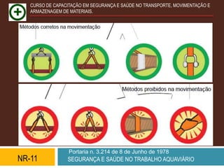 CURSO DE CAPACITAÇÃO EM SEGURANÇA E SAÚDE NO TRANSPORTE, MOVIMENTAÇÃO E
   ARMAZENAGEM DE MATERIAIS.




                  Portaria n. 3.214 de 8 de Junho de 1978
NR-11            SEGURANÇA E SAÚDE NO TRABALHO AQUAVIÁRIO
 