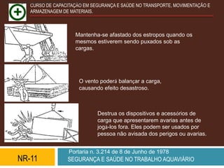 Use cabos-guias para controlar todas as cargas.
                CURSO DE CAPACITAÇÃO EM SEGURANÇA E SAÚDE NO TRANSPORTE, MOVIMENTAÇÃO E
                ARMAZENAGEM DE MATERIAIS.



                                          Mantenha-se afastado dos estropos quando os
                                          mesmos estiverem sendo puxados sob as
                                          cargas.




                                             O vento poderá balançar a carga,
                                             causando efeito desastroso.



                                                    Destrua os dispositivos e acessórios de
                                                    carga que apresentarem avarias antes de
                                                    jogá-los fora. Eles podem ser usados por
                                                    pessoa não avisada dos perigos ou avarias.


                                       Portaria n. 3.214 de 8 de Junho de 1978
         NR-11                        SEGURANÇA E SAÚDE NO TRABALHO AQUAVIÁRIO
 