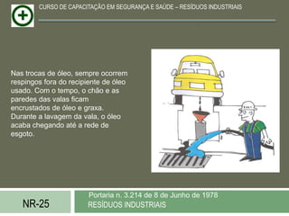 CURSO DE CAPACITAÇÃO EM SEGURANÇA E SAÚDE – RESÍDUOS INDUSTRIAIS




Nas trocas de óleo, sempre ocorrem
respingos fora do recipiente de óleo
usado. Com o tempo, o chão e as
paredes das valas ficam
encrustados de óleo e graxa.
Durante a lavagem da vala, o óleo
acaba chegando até a rede de
esgoto.




                        Portaria n. 3.214 de 8 de Junho de 1978
   NR-25               RESÍDUOS INDUSTRIAIS
 